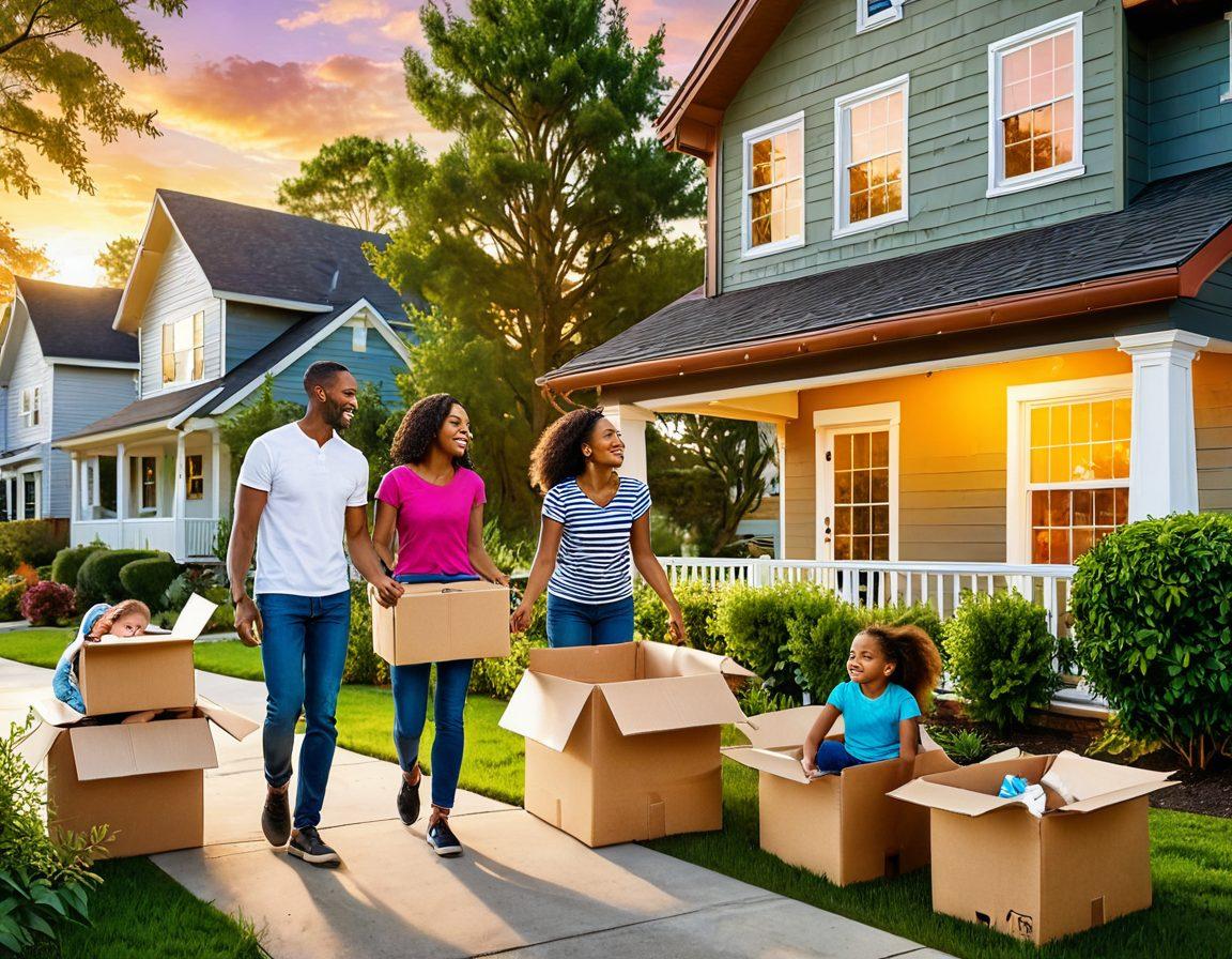 A warm and inviting scene showcasing a diverse family joyfully moving into their new home, surrounded by boxes and a welcoming neighborhood with trees and friendly neighbors. Include a bright sunset in the background to symbolize new beginnings. Capture the essence of community with small children playing nearby and a couple unpacking with smiles. The image should radiate warmth and happiness. super-realistic. vibrant colors. suburban charm.