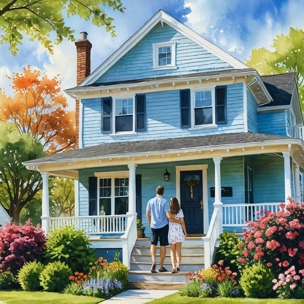 A cozy, inviting home with a 'For Sale' sign in the front yard, surrounded by blooming flowers and a clear blue sky. A happy couple is holding keys, smiling as they step onto the porch, symbolizing the joy of home ownership. Include a neighborhood map and a set of helpful tips floating around, subtly integrated into the scene. watercolor style. vibrant colors. soft focus.