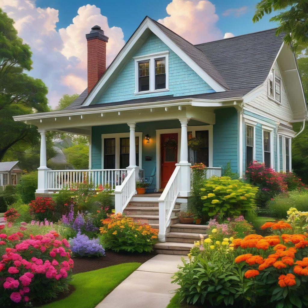 A cozy, inviting home surrounded by lush greenery, with a welcoming porch adorned with flowers. A couple is joyfully exploring their neighborhood, holding hands while looking at houses for sale. Bright, cheerful clouds hover above, adding a romantic touch to the scene. The image captures the essence of community and the excitement of finding a dream home. vibrant colors. super-realistic.